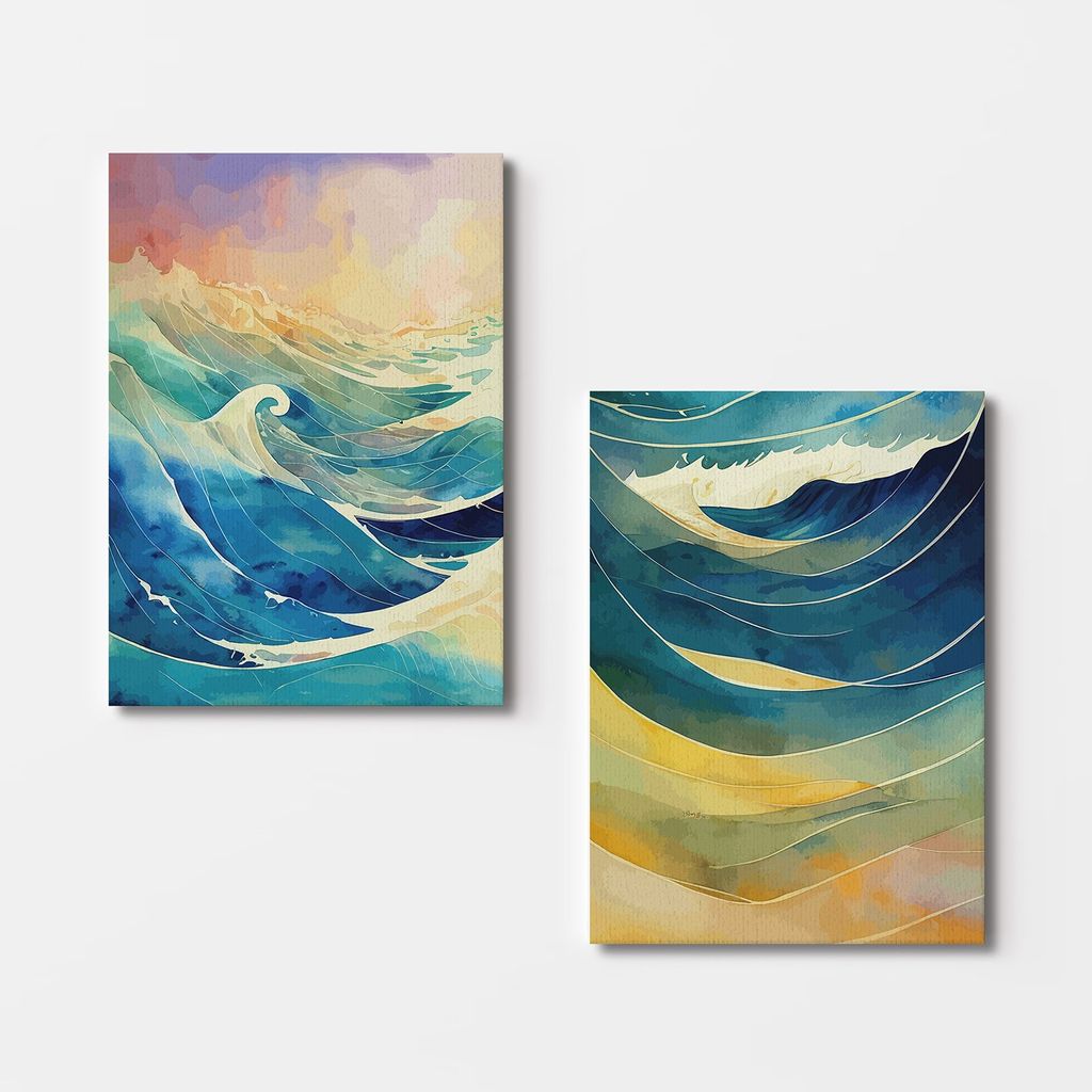 Falikép szett, 2 db, hullámok, kék - sárga - rózsaszín, 50x70 cm - Butopêa termék 2. képe
